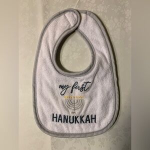 NWOT Bib: My First Hanukkah Infant Bib, Gray w Menorah, Velcro Closure